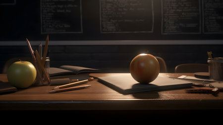 School stationery and apples on table in classroom, education day, international education day, Back to school concept.の素材
