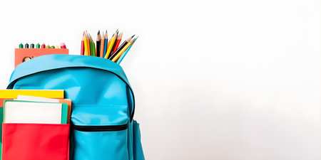 School stationery and backpack on wooden table, education day, international education day, Back to school concept,  with copyspace, for banner background.の素材