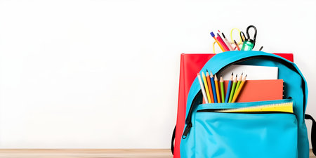 School stationery and backpack on wooden table, education day, international education day, Back to school concept,  with copyspace, for banner background.の素材
