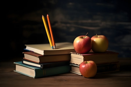 Stack of books and apple on wooden table. education day, international education day, Back to school concept.の素材