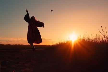 Silhouette of a young woman jumping in the air with a diploma at sunset, Concept education congratulation, Graduation Ceremony, Congratulated the graduates in University.の素材