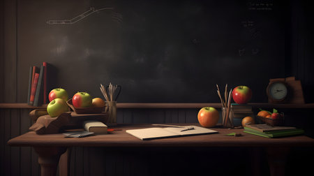 School stationery and apples on table in classroom, education day, international education day, Back to school concept.の素材