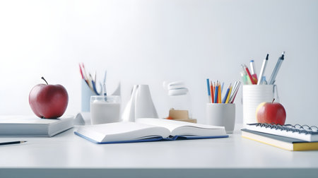 stationery and apples on Wooden desk, education day, international education day, Back to school concept.の素材