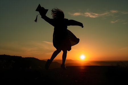 Silhouette of a young woman jumping in the air with a diploma at sunset, Concept education congratulation, Graduation Ceremony, Congratulated the graduates in University.の素材