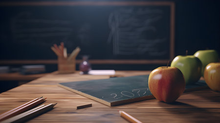 School stationery and apples on table in classroom, education day, international education day, Back to school concept.の素材