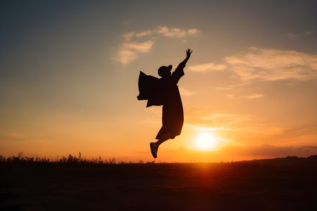 Silhouette of a young woman jumping in the air with a diploma at sunset, Concept education congratulation, Graduation Ceremony, Congratulated the graduates in University.の素材