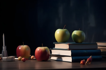Stack of books and apple on wooden table. education day, international education day, Back to school concept.の素材