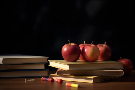 Stack of books and apple on wooden table. education day, international education day, Back to school concept.の素材