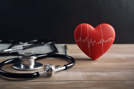 Stethoscope and red heart on wooden table. Health care and medical concept.の素材