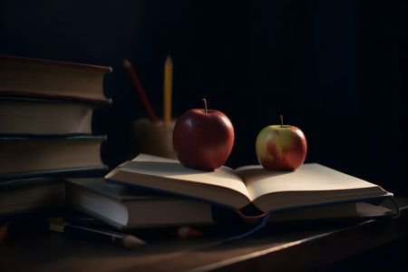 Stack of books and apple on wooden table. education day, international education day, Back to school concept.の素材