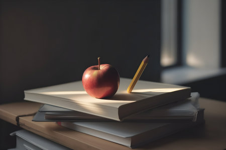 Stack of books and apple on wooden table. education day, international education day, Back to school concept.の素材