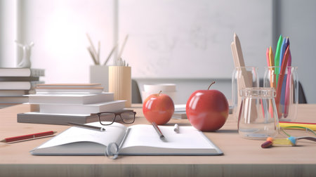 stationery and apples on Wooden desk, education day, international education day, Back to school concept.の素材