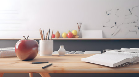 stationery and apples on Wooden desk, education day, international education day, Back to school concept.の素材
