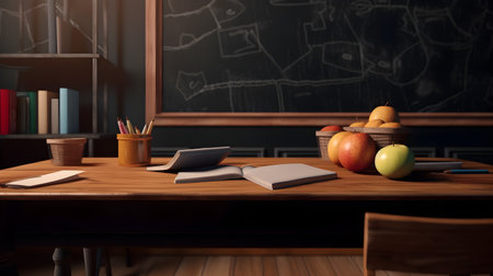School stationery and apples on table in classroom, education day, international education day, Back to school concept.の素材
