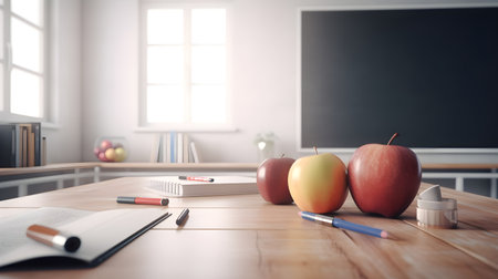 stationery and apples on Wooden desk, education day, international education day, Back to school concept.の素材