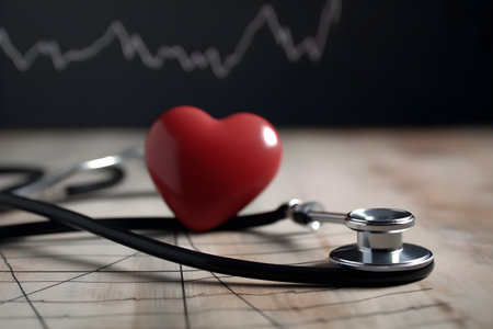 Stethoscope and red heart on wooden table. Health care and medical concept.の素材