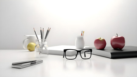 stationery and apples on Wooden desk, education day, international education day, Back to school concept.の素材