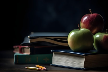 Stack of books and apple on wooden table. education day, international education day, Back to school concept.の素材