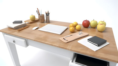 stationery and apples on Wooden desk, education day, international education day, Back to school concept.の素材