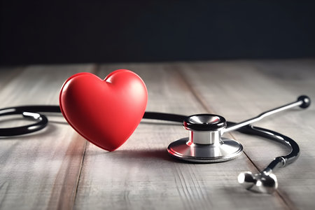 Stethoscope and red heart on wooden table. Health care and medical concept.の素材