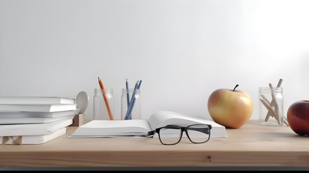 stationery and apples on Wooden desk, education day, international education day, Back to school concept.の素材