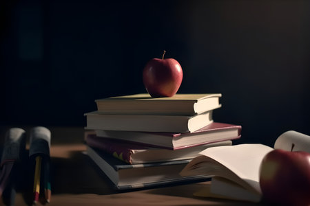 Stack of books and apple on wooden table. education day, international education day, Back to school concept.の素材