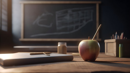School stationery and apples on table in classroom, education day, international education day, Back to school concept.の素材