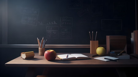 School stationery and apples on table in classroom, education day, international education day, Back to school concept.の素材