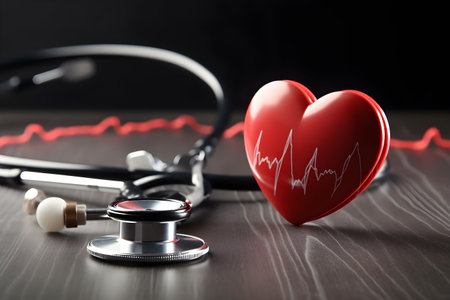Stethoscope and red heart on wooden table. Health care and medical concept.の素材