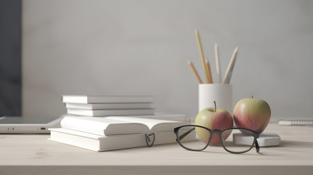 stationery and apples on Wooden desk, education day, international education day, Back to school concept.の素材