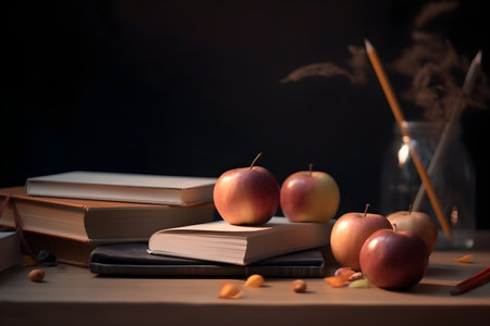 Stack of books and apple on wooden table. education day, international education day, Back to school concept.の素材
