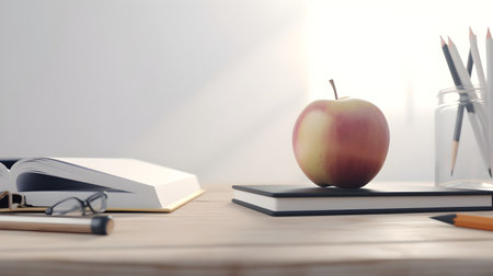 stationery and apples on Wooden desk, education day, international education day, Back to school concept.の素材