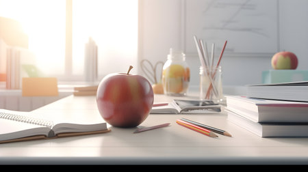 stationery and apples on Wooden desk, education day, international education day, Back to school concept.の素材