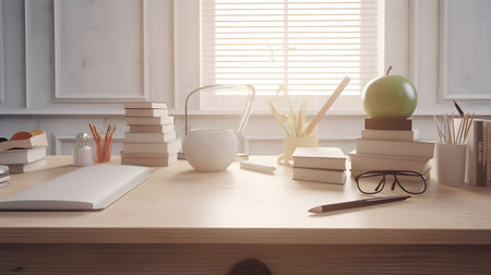 stationery and apples on Wooden desk, education day, international education day, Back to school concept.の素材