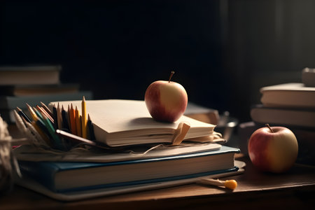 Stack of books and apple on wooden table. education day, international education day, Back to school concept.の素材