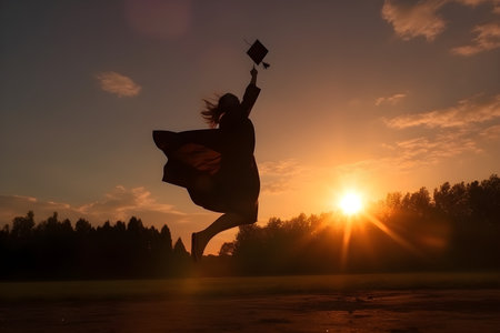 Silhouette of a young woman jumping in the air with a diploma at sunset, Concept education congratulation, Graduation Ceremony, Congratulated the graduates in University.の素材