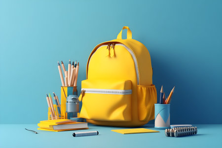 Yellow backpack with stationery isolated on blue background. education day, international education day, Back to school concept.の素材