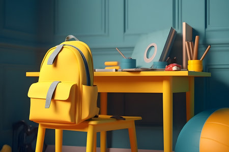 Yellow backpack with stationery isolated on blue background. education day, international education day, Back to school concept.の素材
