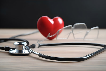 Stethoscope and red heart on wooden table. Health care and medical concept.の素材