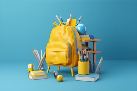 Yellow backpack with stationery isolated on blue background. education day, international education day, Back to school concept.の素材