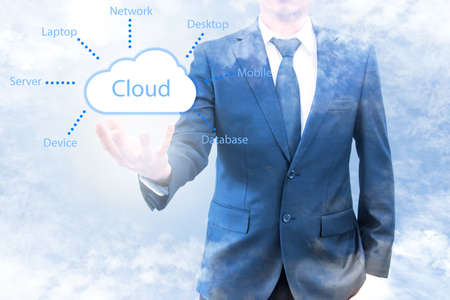 Cloud computing concept on hand of a businessman in suit