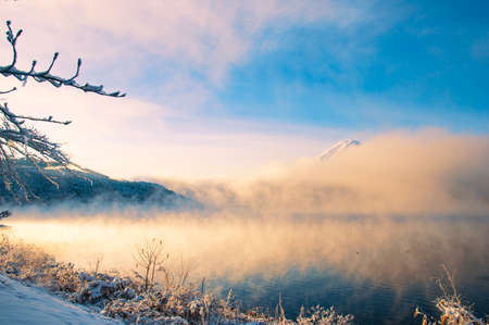 The peak of Fuji mountain with snow on tree and mist above Kawaguchiko lake backgroundの写真素材