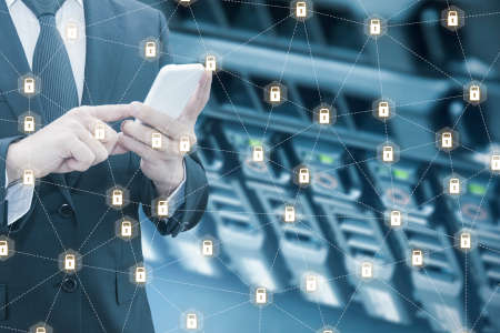 Double exposure of professional businessman connection internet with security network connection protect and blurred cloud technology and server storage in datacenter backgroundの写真素材