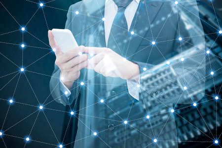 Double exposure of professional businessman using smart phone and network connection with server datacenter in communication , technology and business conceptの写真素材