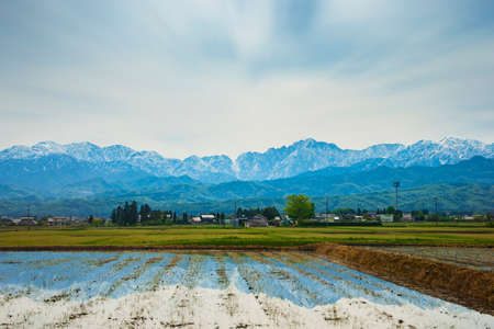 Japan Alps Alpine route scenic view Tateyama Mountain from trainの写真素材