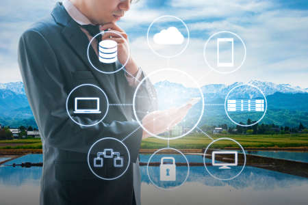 Cloud and network technology connected all devices with landscape background in VDI technology...