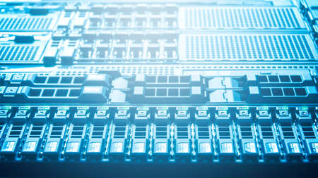 Bottom view of rack server storage and network against neon light in data center with dept of field...