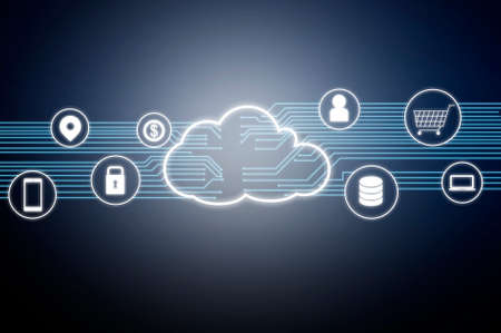 Double exCloud technology and internet of things and wireless network with blue tone background , business and technology conceptの写真素材