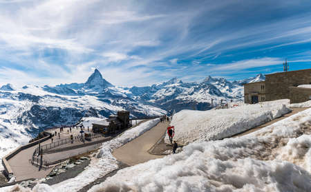 The famous Matterhorn snow mountain landscape at Gornergrat station in Zermatt, Switzerlandの写真素材