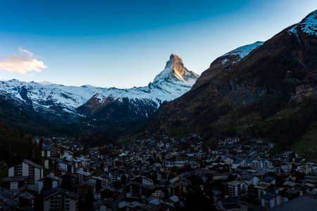 Sunset Matterhorn mountain at Zermatt Village, Switzerlandの写真素材